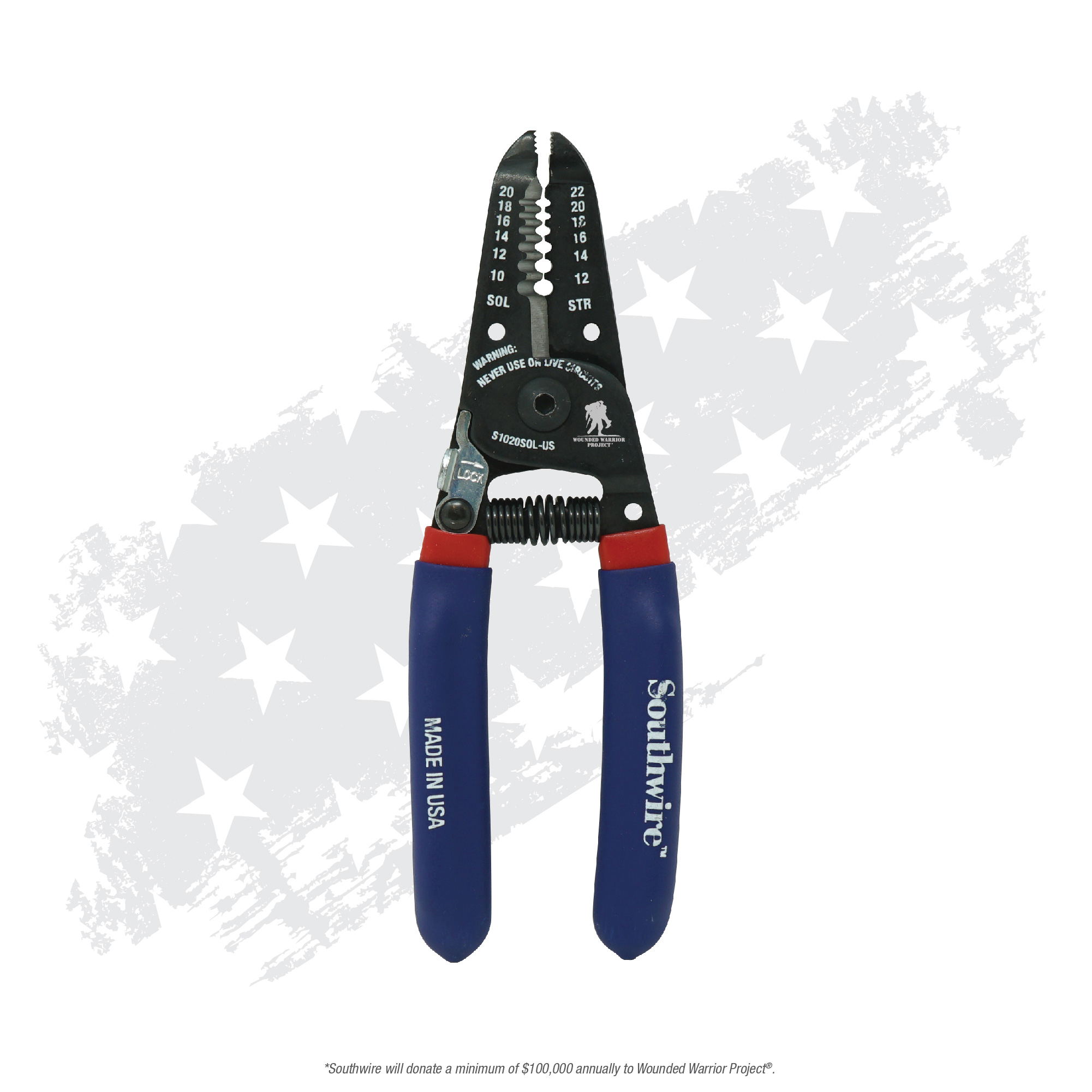 S1020SOL-WW, Southwire 10-20 AWG SOL & 12-22 AWG STR Compact Wire Stripper, Wounded Warrior Project