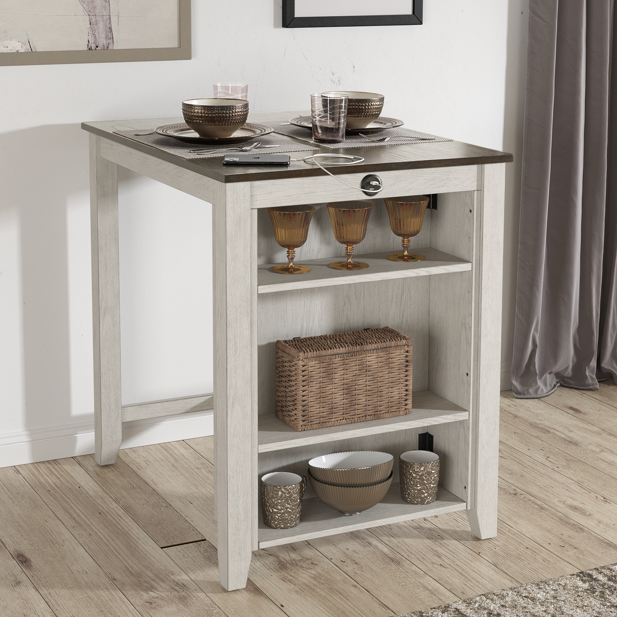 Wood Counter Height Dining Table with Charging Station