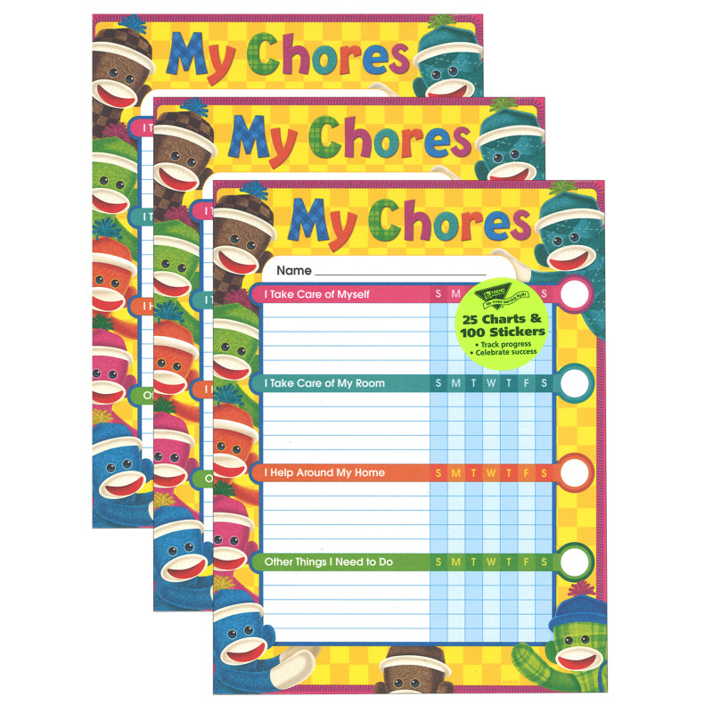 Sock Monkeys Chore Charts, 25 Per Pack, 3 Packs
