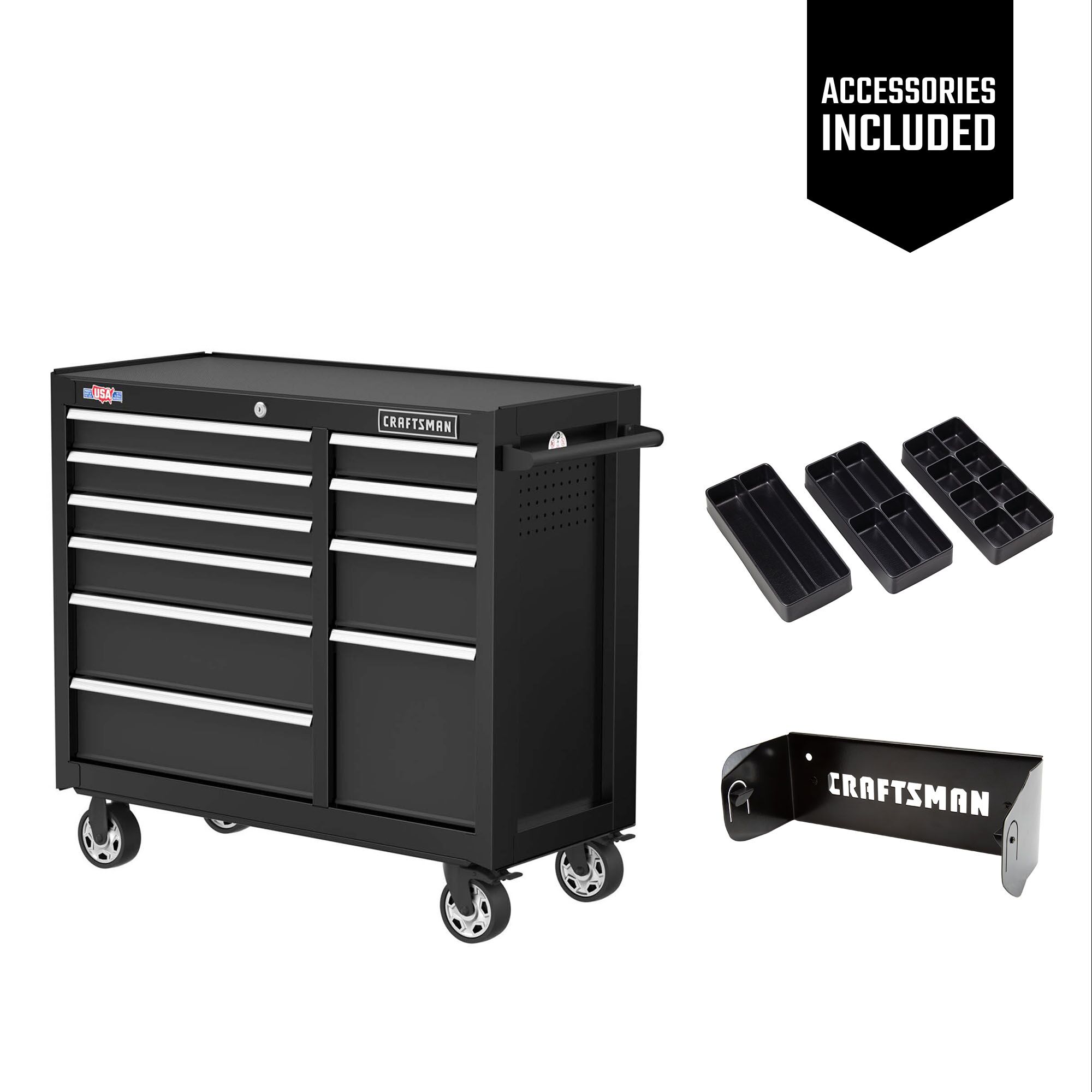 One black CRAFTSMAN 41 inch Wide 6-Drawer Mobile Workbench with three black Cabinet Drawer Trays and one black Magnetic Paper Towel Holder included