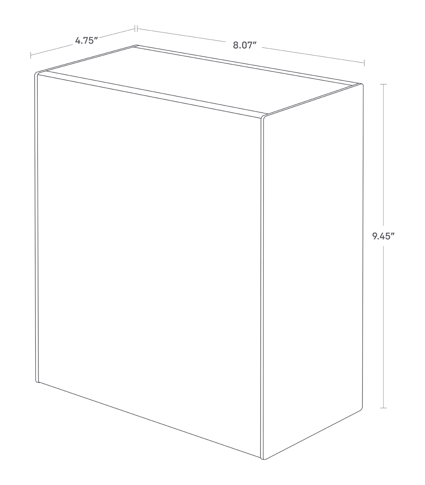 Dimension image for Wall-Mounted Storage or Trash Binon a white background showinglength of 8.07 inches, width of 4.75 inches,height of 9.45 inches.