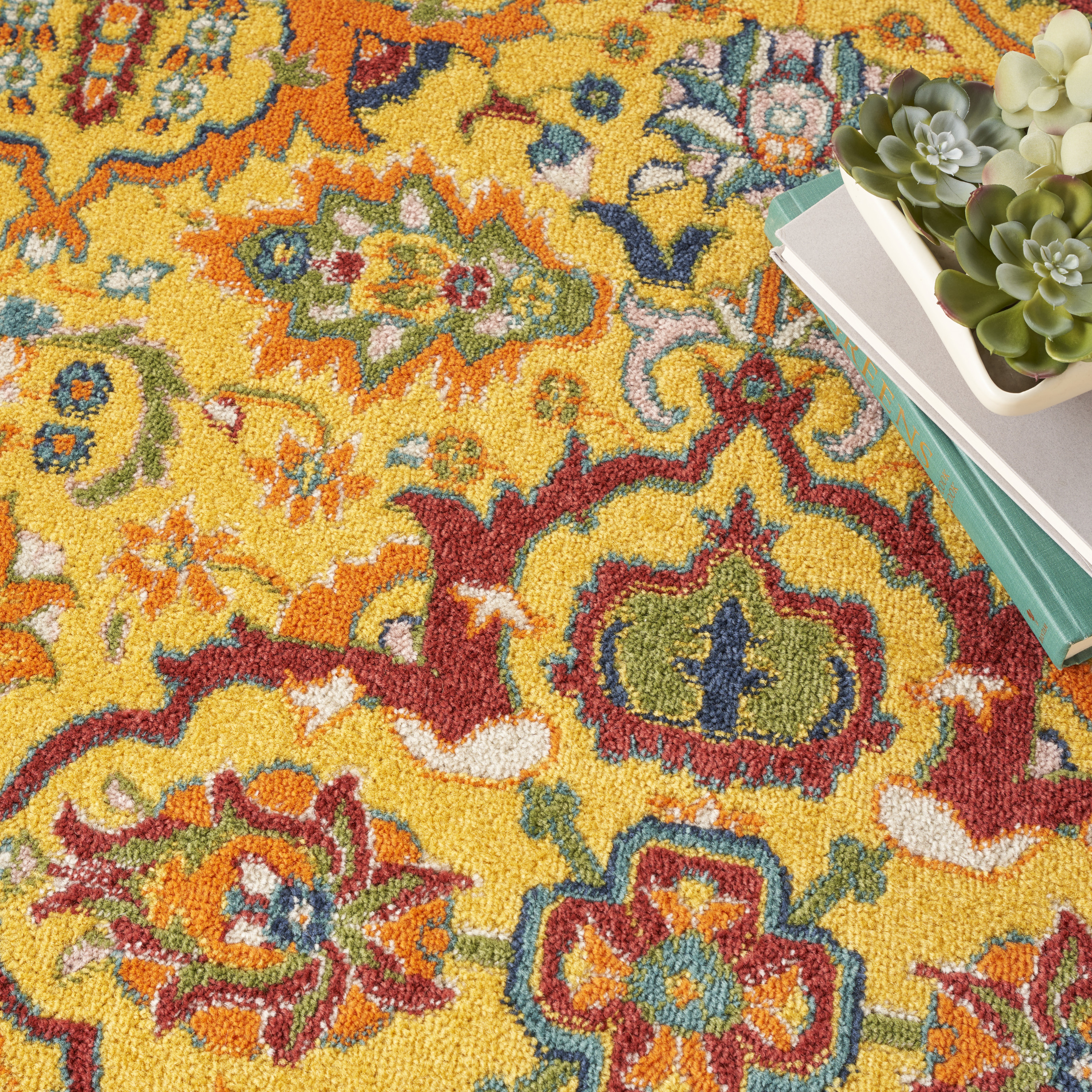 Nourison Allur 5'3" x Round Yellow Multicolor Bohemian Indoor Rug