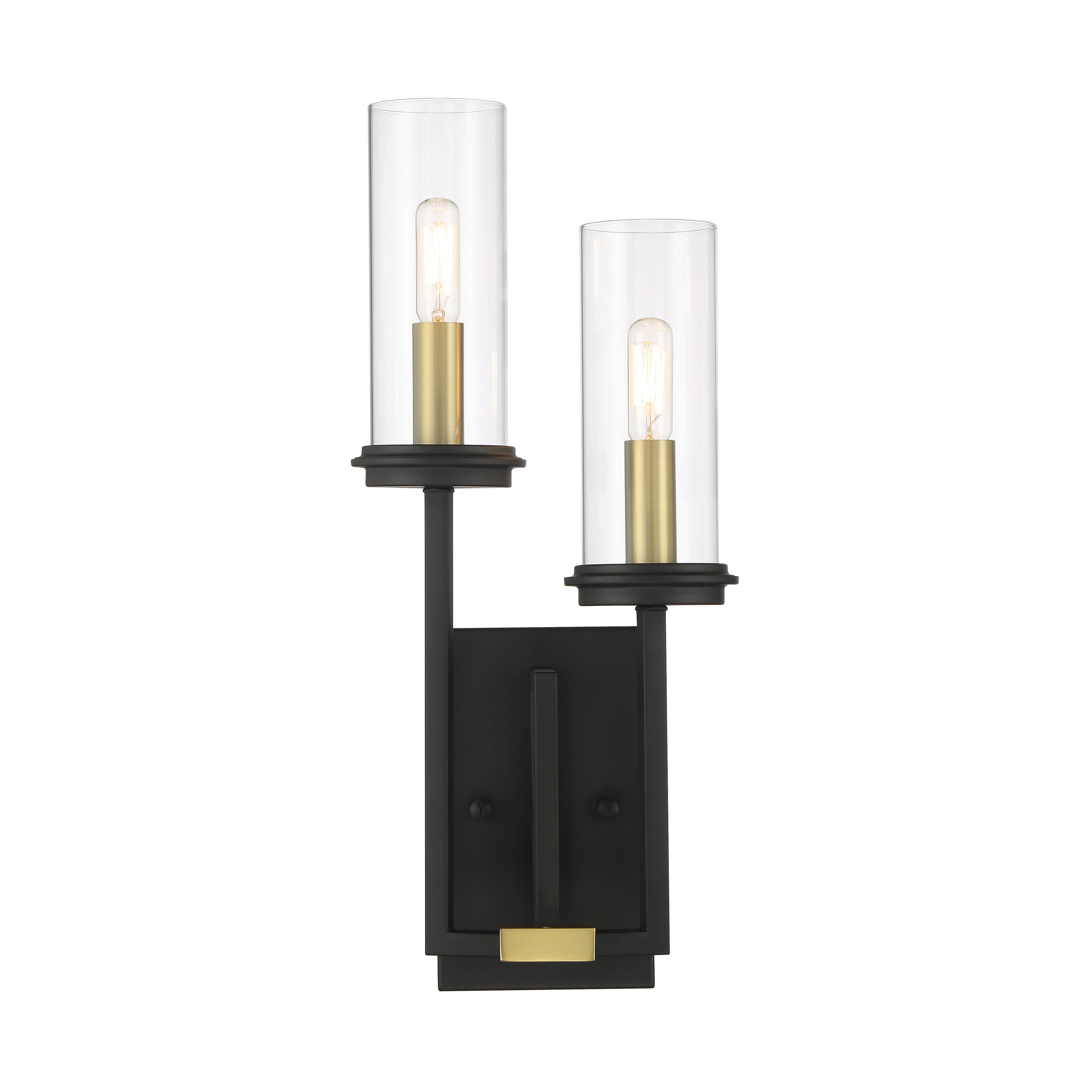 The Hillstone wall sconce combines sand coal and soft brass finishes for a sophisticated modern look. Clear glass shades showcase vintage-style bulbs while the compact 19-inch height fits various spaces perfectly. - alternate view