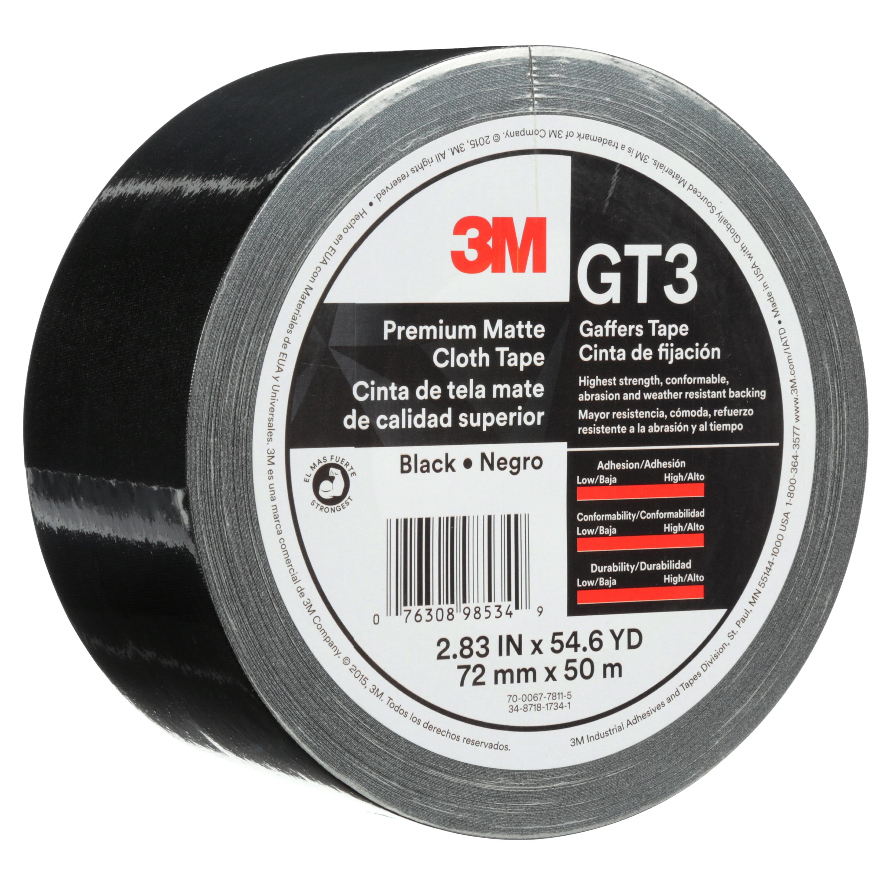 3M™ Premium Matte Cloth (Gaffers) Tape GT3, Black, 72 mm x 50 m, 11 mil,
16 per case