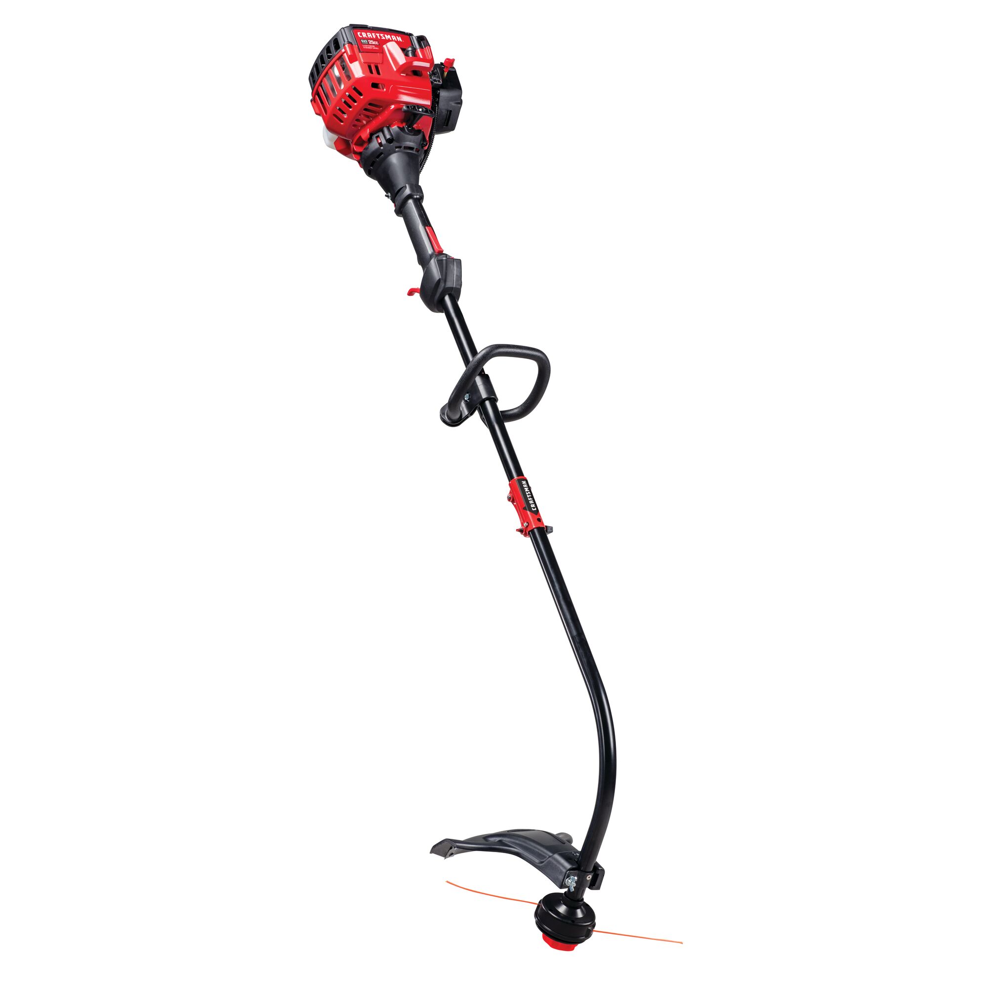 Left profile of 2 Cycle 17 inch attachment capable curved shaft gas weedwacker trimmer.