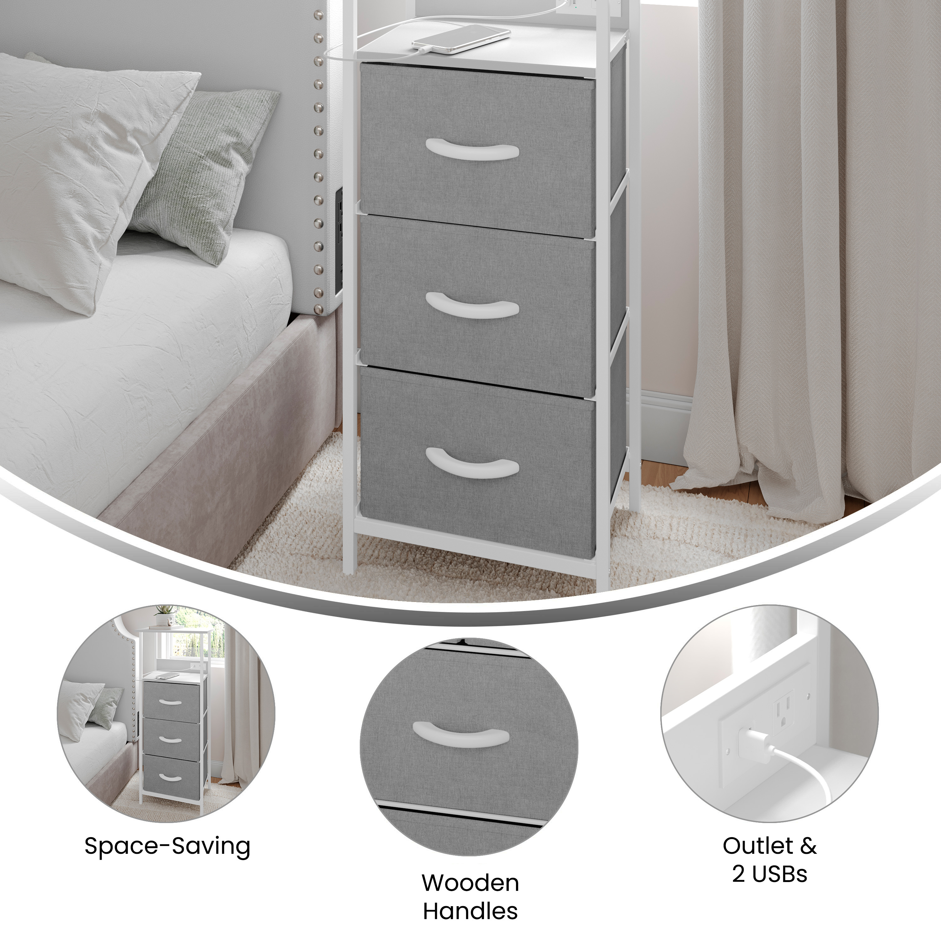Sodano 3 Drawer Nightstand with Charging Station, 2 USB Ports, 1 Outlet, Blac... - Picture 16 of 25