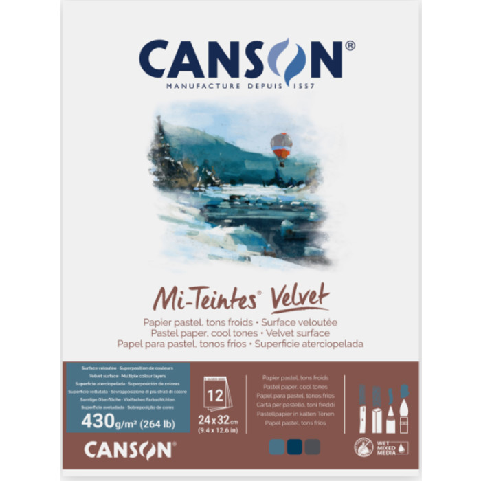 Mi-Teintes Velvet Drawing Paper Pad, Cool Tones, 260 lb/430 gsm, 12 Sheets, 9.4 x 12.6 in