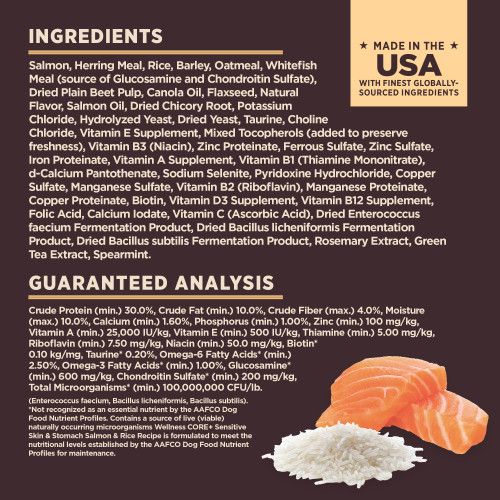 <p>Salmon, Herring Meal, Rice, Barley, Oatmeal, Whitefish Meal (source of Glucosamine and Chondroitin Sulfate), Dried Plain Beet Pulp, Canola Oil, Flaxseed, Natural Flavor, Salmon Oil, Dried Chicory Root, Potassium Chloride, Hydrolyzed Yeast, Dried Yeast, Taurine, Choline Chloride, Vitamin E Supplement, Mixed Tocopherols (added to preserve freshness), Vitamin B3 (Niacin), Zinc Proteinate, Ferrous Sulfate, Zinc Sulfate, Iron Proteinate, Vitamin A Supplement, Vitamin B1 (Thiamine Mononitrate), Vitamin B5 (d-Calcium Pantothenate), Sodium Selenite, Vitamin B6 (Pyridoxine Hydrochloride), Copper Sulfate, Manganese Sulfate, Vitamin B2 (Riboflavin), Manganese Proteinate, Copper Proteinate, Vitamin B7 (Biotin), Vitamin D3 Supplement, Vitamin B12 Supplement, Vitamin B9 (Folic Acid), Calcium Iodate, Vitamin C (Ascorbic Acid), Dried Enterococcus faecium Fermentation Product, Dried Bacillus licheniformis Fermentation Product, Dried Bacillus subtilis Fermentation Product, Rosemary Extract, Green Tea Extract, Spearmint Extract.</p>
