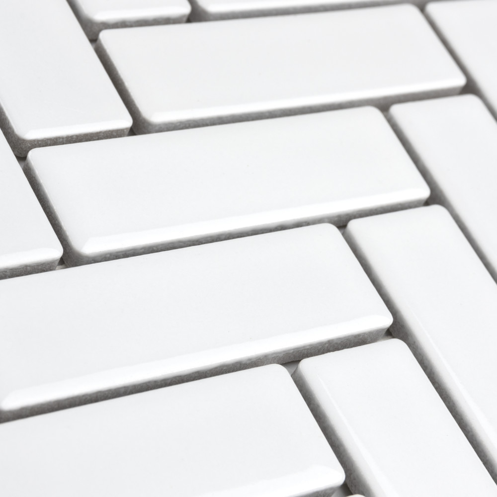 Metro Brick Herringbone Glossy White 10-5/8 in. x 12-1/2 in. Porcelain Mosaic Tile