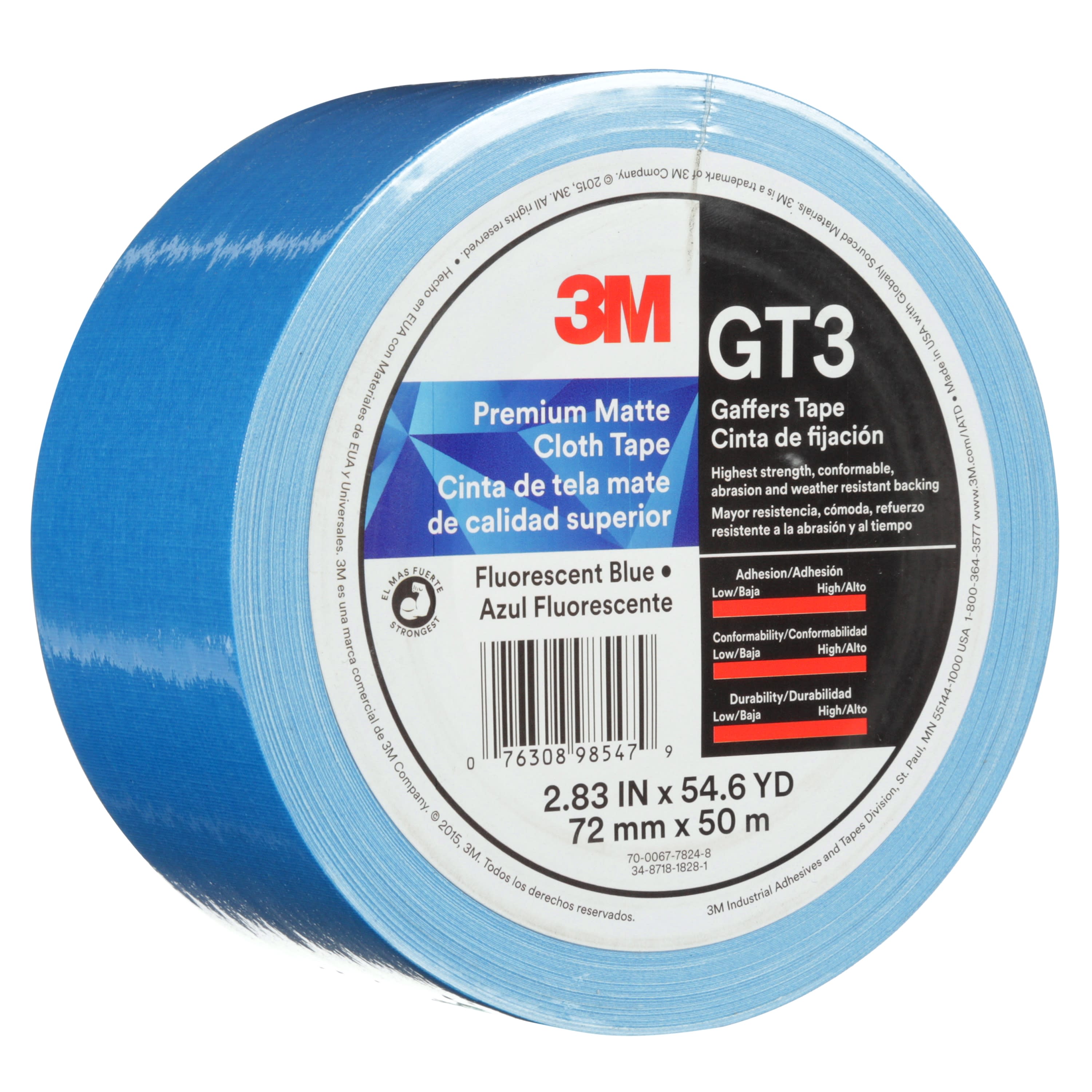 3M™ Premium Matte Cloth (Gaffers) Tape GT3, Fluorescent Blue, 72 mm x 50
m, 11 mil, 16 per case
