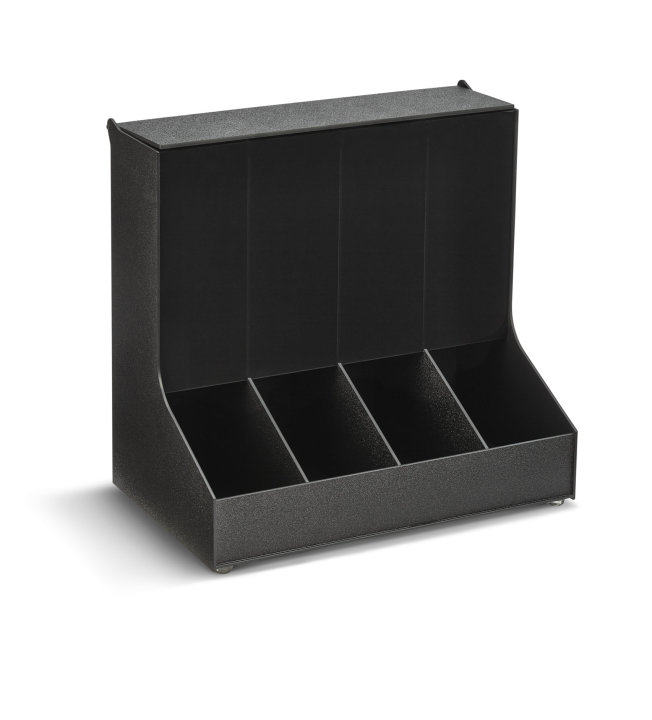 Four-compartment countertop gravity-fed packaged condiment organizer