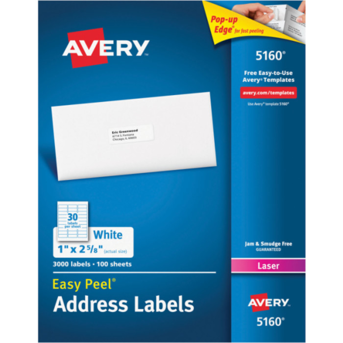 Easy Peel&reg; Address Labels, Permanent Adhesive, 1" x 2-5/8", 3000 Labels
