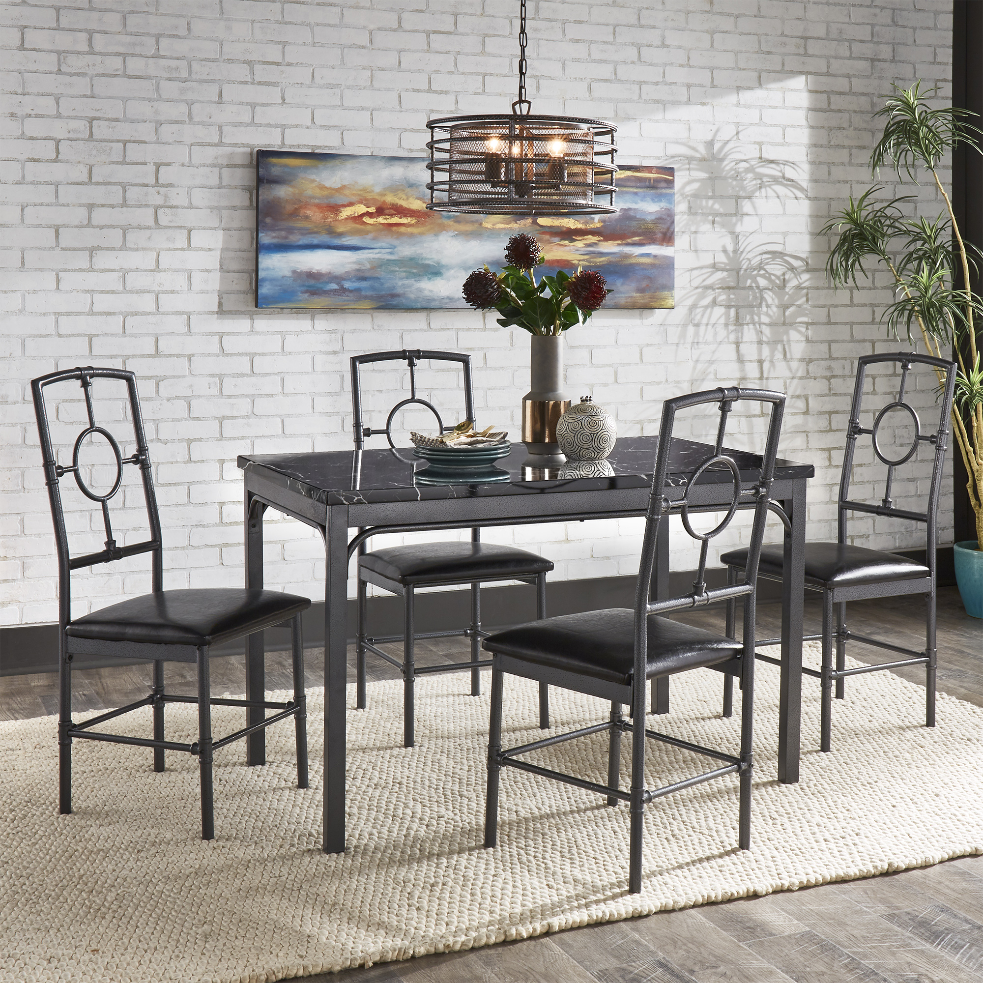 Black Metal and Faux Marble Top 5-Piece Dinette Set