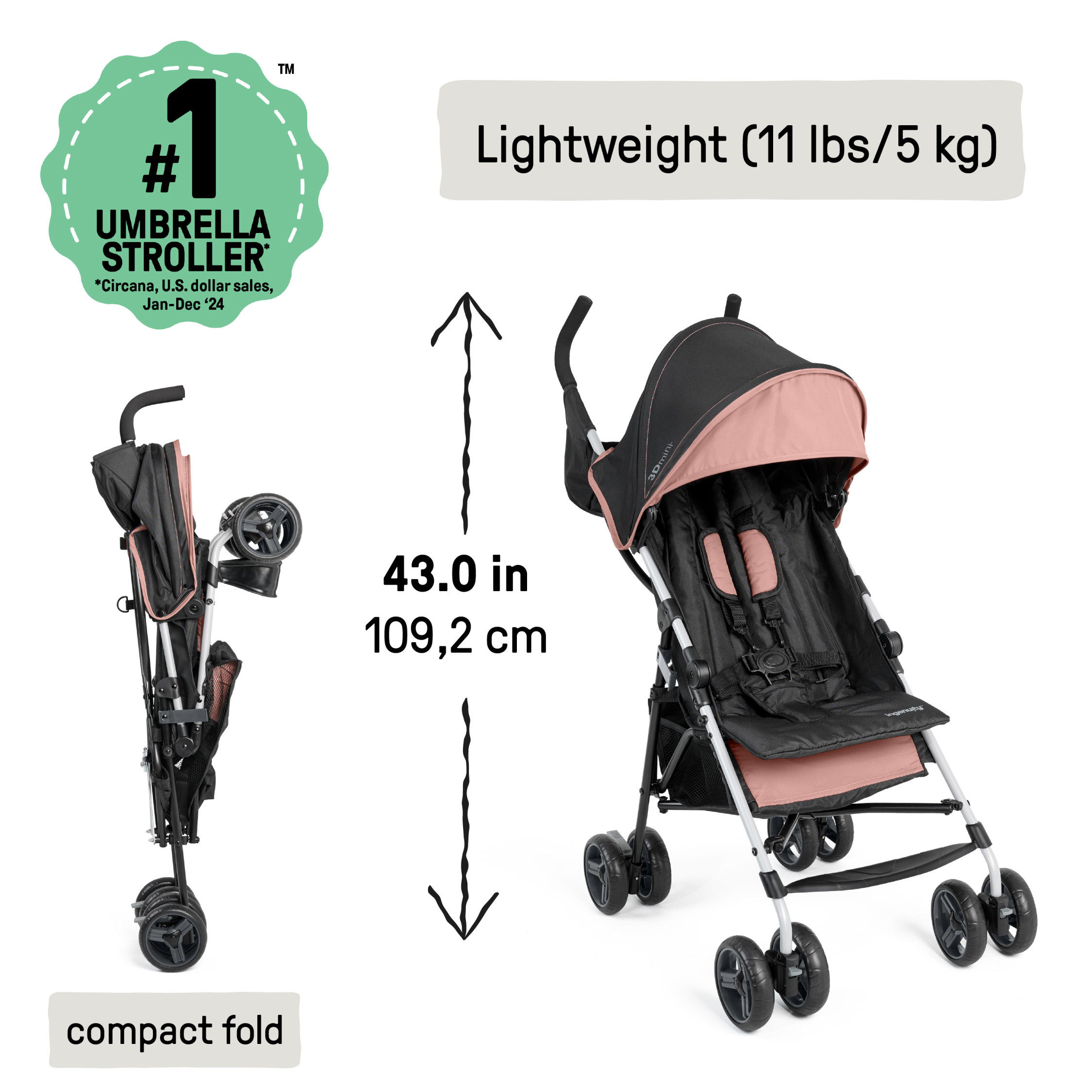 Ingenuity 3D Mini Convenience Stroller, Dusty Rose