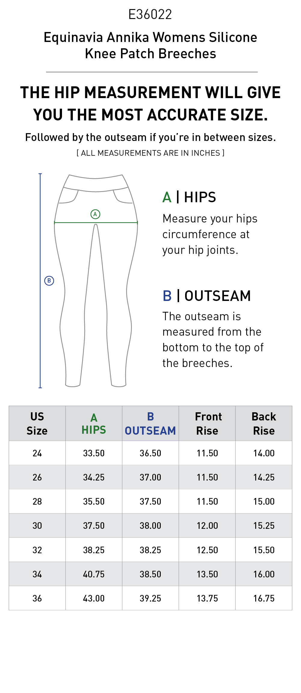 Size chart for Equinavia Annika Womens Silicone Knee Patch Breeches - Galaxy Blue
