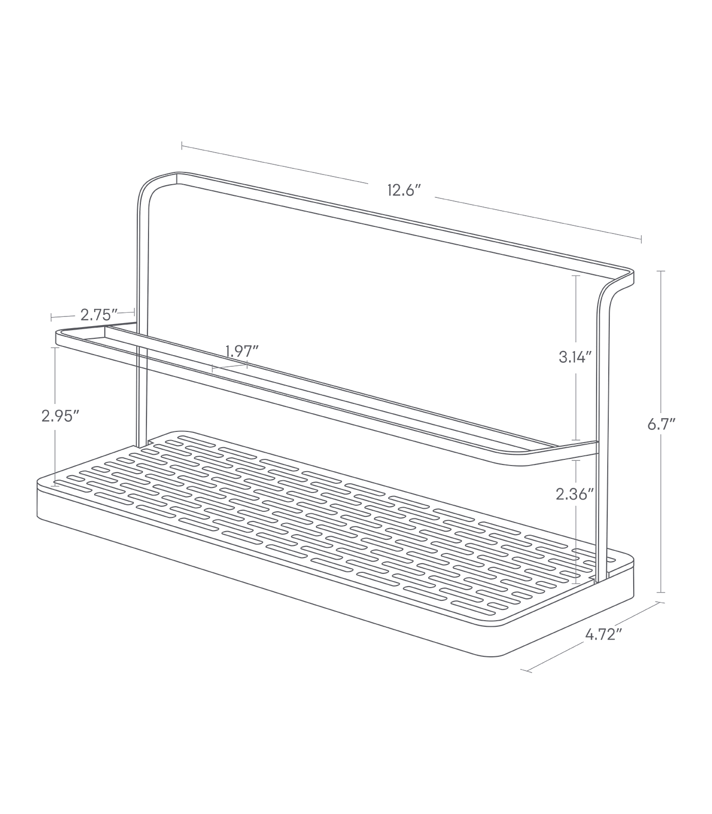 Dimension image for Countertop Bottle Drying Rackon a white background showingthe length of 12.6 inches, width of 4.72 inches, and height of 6.7 inches. The holder is positioned 2.36 inches above the bottom, with the outer frame measuring 2.75 inches in width at a height of 2.95 inches. There is a space of 1.97 inches for the bar.