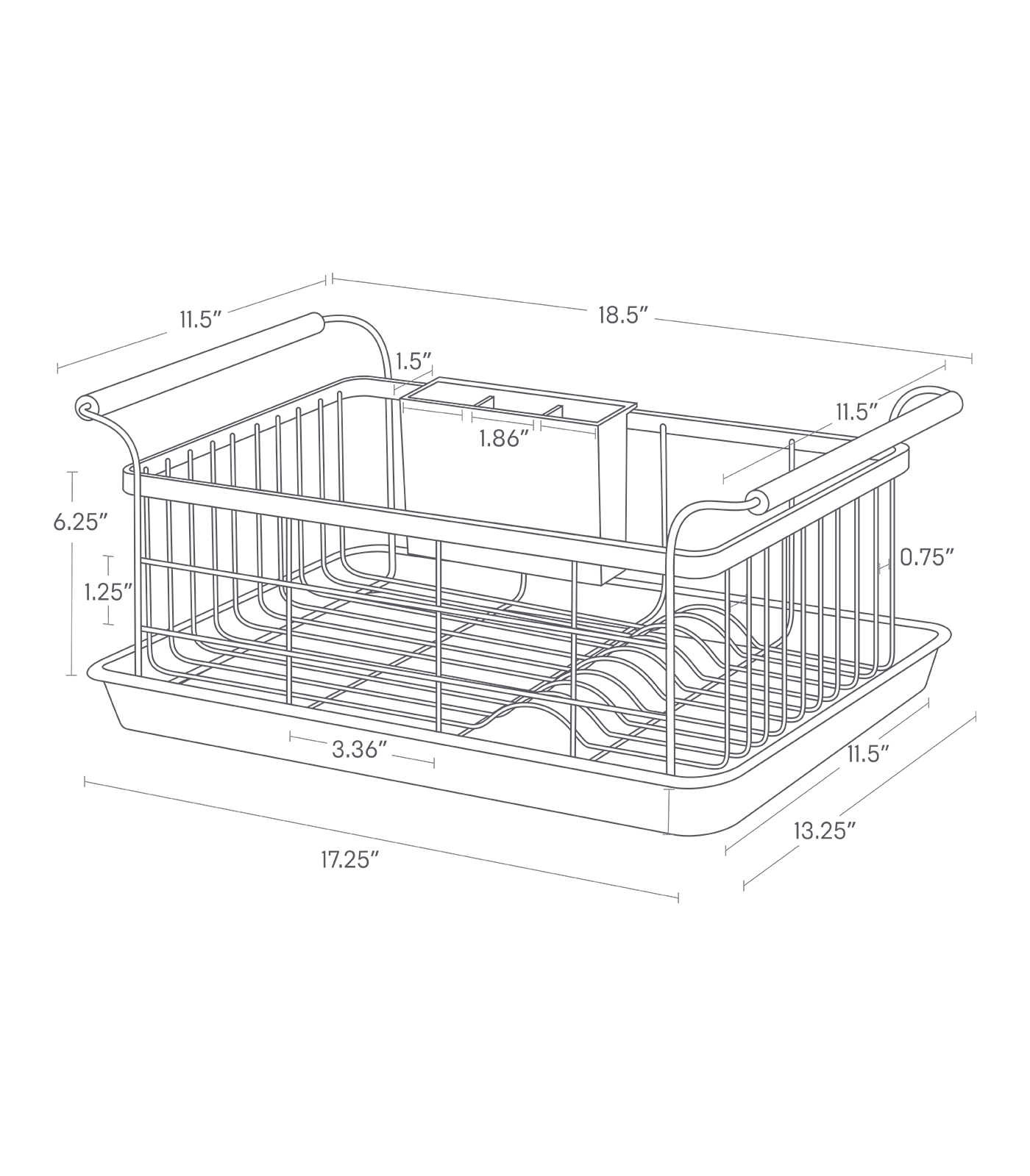 Dimension image for Dish Rack on a white background showing total width of 18.5 inches, length of 11.5 inches, tray width of 17.25 inches, length of 13.25 inches at the top of the tray and 11.5 inches at the bottom of the tray, .75 inches between bars on the side length-wise, 3.36 inches between bars on the side width-wise, 1.25 inches between bars on the side height-wise, 6.25 inches between the top of the tray and top of the rack, 1.86 inches width of each compartment in the utensil holder, and 1.5 inches length of the utensil holder.