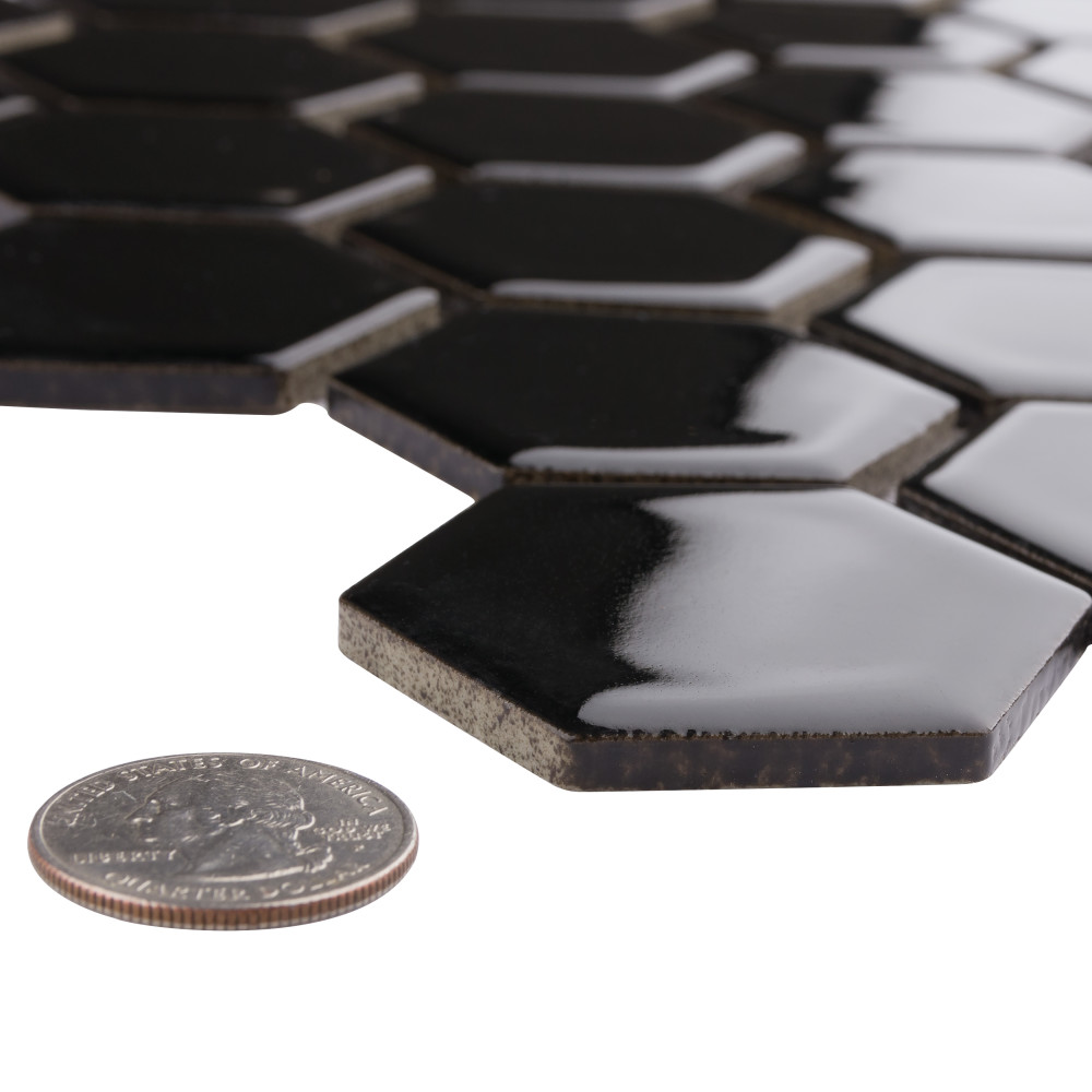 Hudson Due 2″ Hex Glossy Black 10-7/8 in. x 12-5/8 in. Porcelain Mosaic Tile