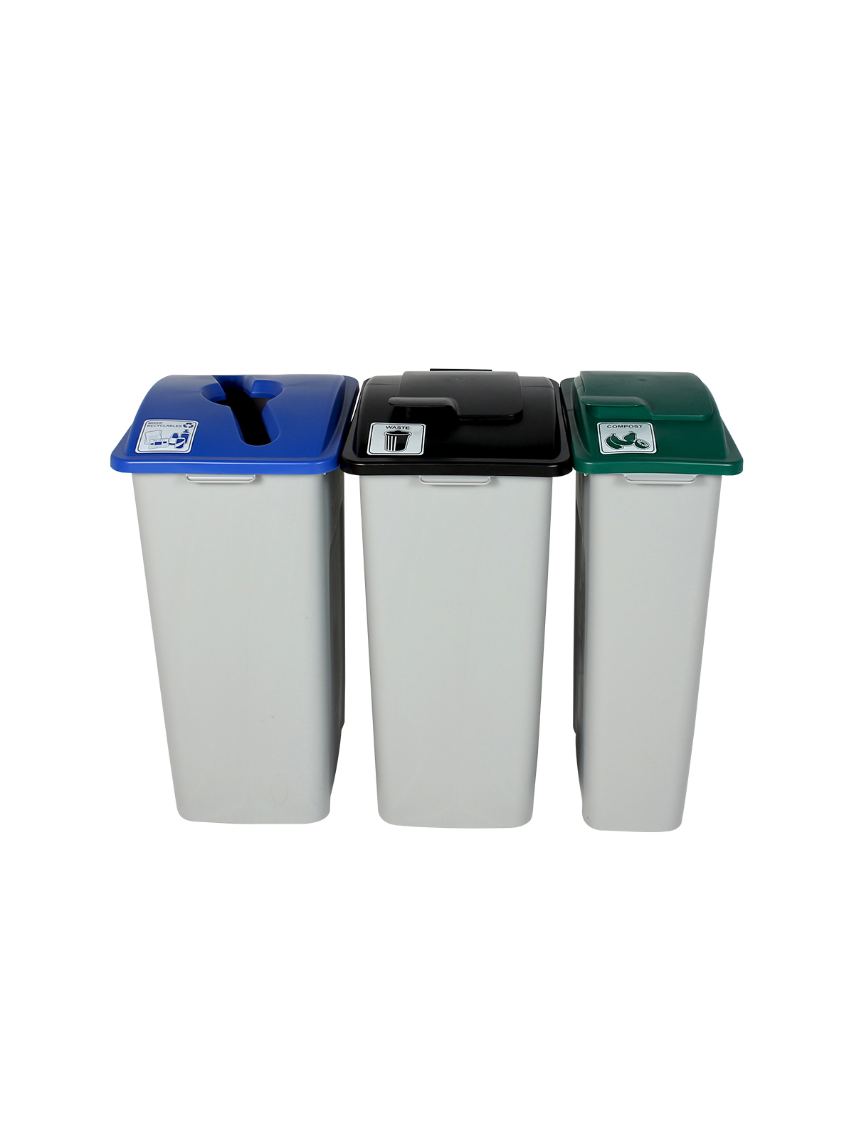 WASTE WATCHER – Triple – Kit – Xl – Mixed Recyclables-Compost-Waste – Mixed-Solid Lift-Solid Lift – Grey-Blue-Green-Black
