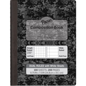 Dual Ruled Composition Book, Dark Gray Marble, 1/4" Grid & 3/8" Wide Ruled, 9-3/4" x 7-1/2", 100 Sheets