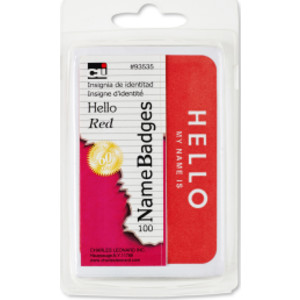Labels, Name Badge, Hello My Name Is, 3-3/8" x 2-1/4", Red, Pack of 100