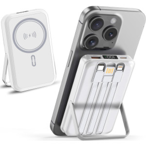 10,000mAh Magnetic Wireless Power Bank with Metal Stand + Built-in Cables, White
