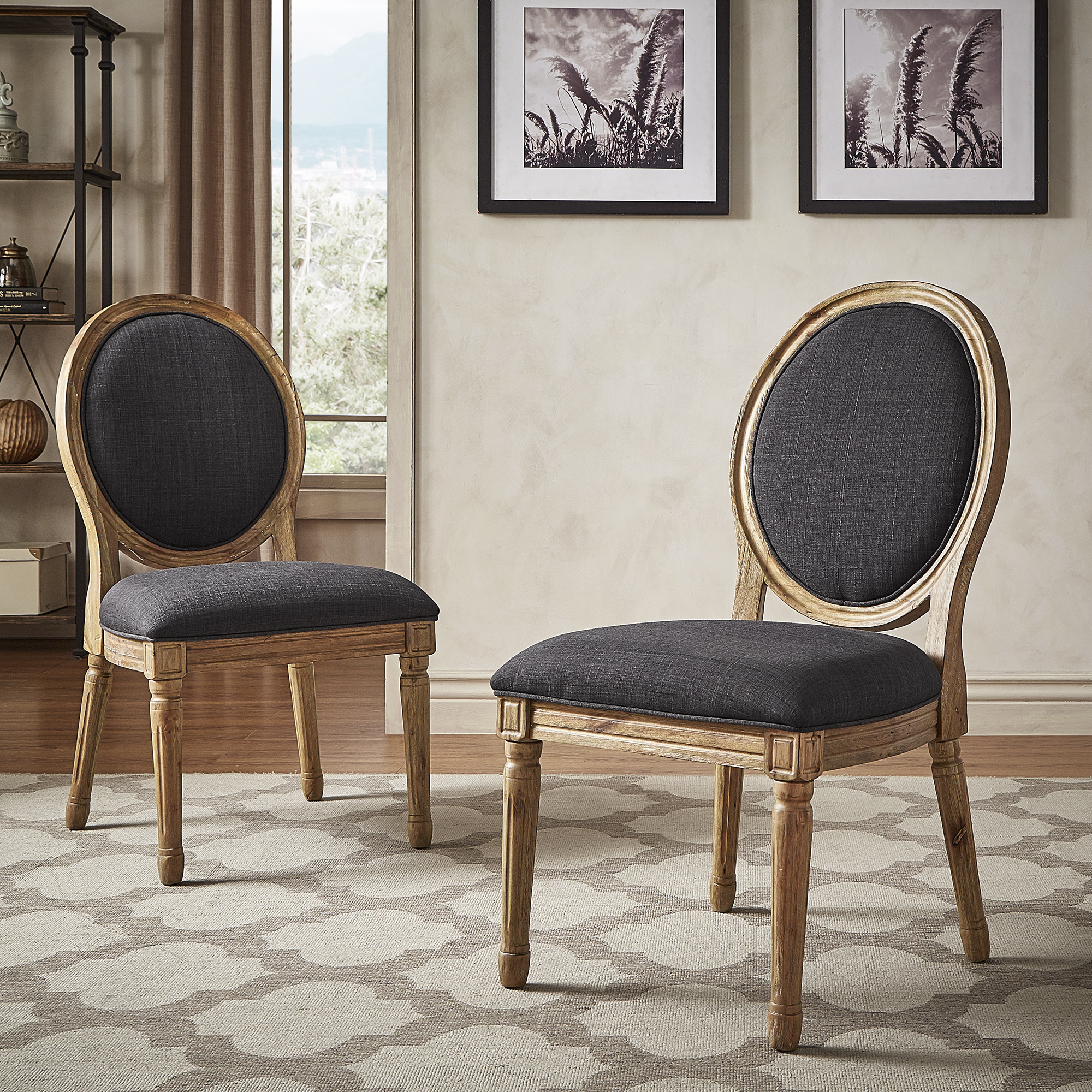 Round Linen and Wood Dining Chairs (Set of 2)