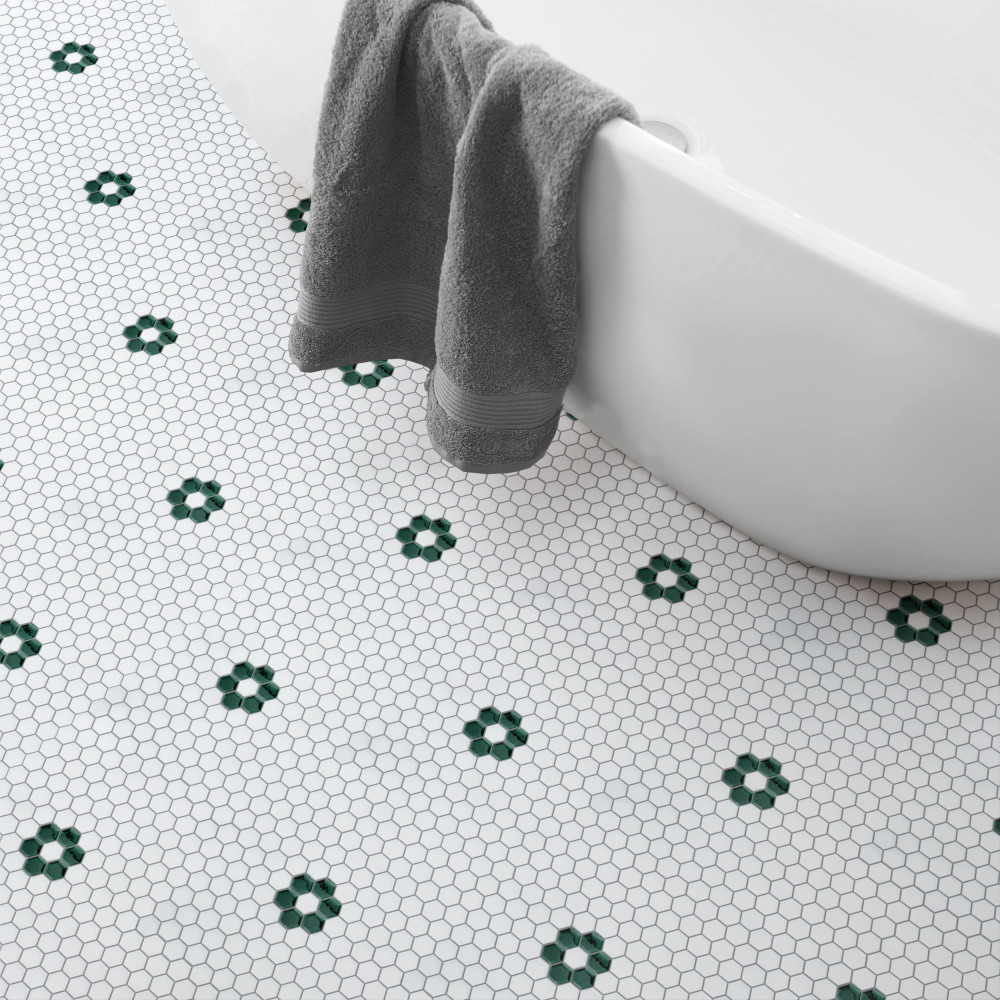 Metro Ion 1″ Hex Emerald Single Flower w/ Glossy White 10-1/4 in. x 11-7/8 in. Porcelain Mosaic Tile