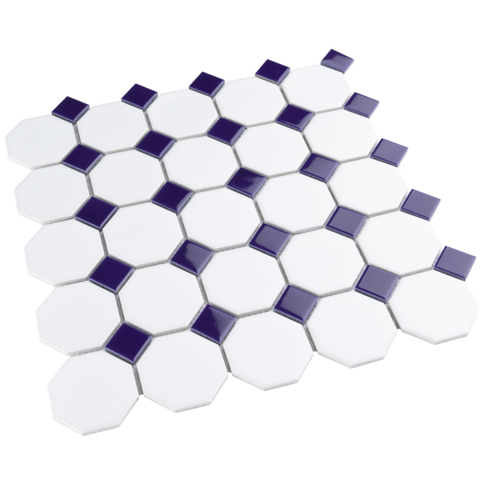 Metro Octagon Matte White w/Cobalt Dot 11-1/2 in. x 11-1/2 in. Porcelain Mosaic Tile
