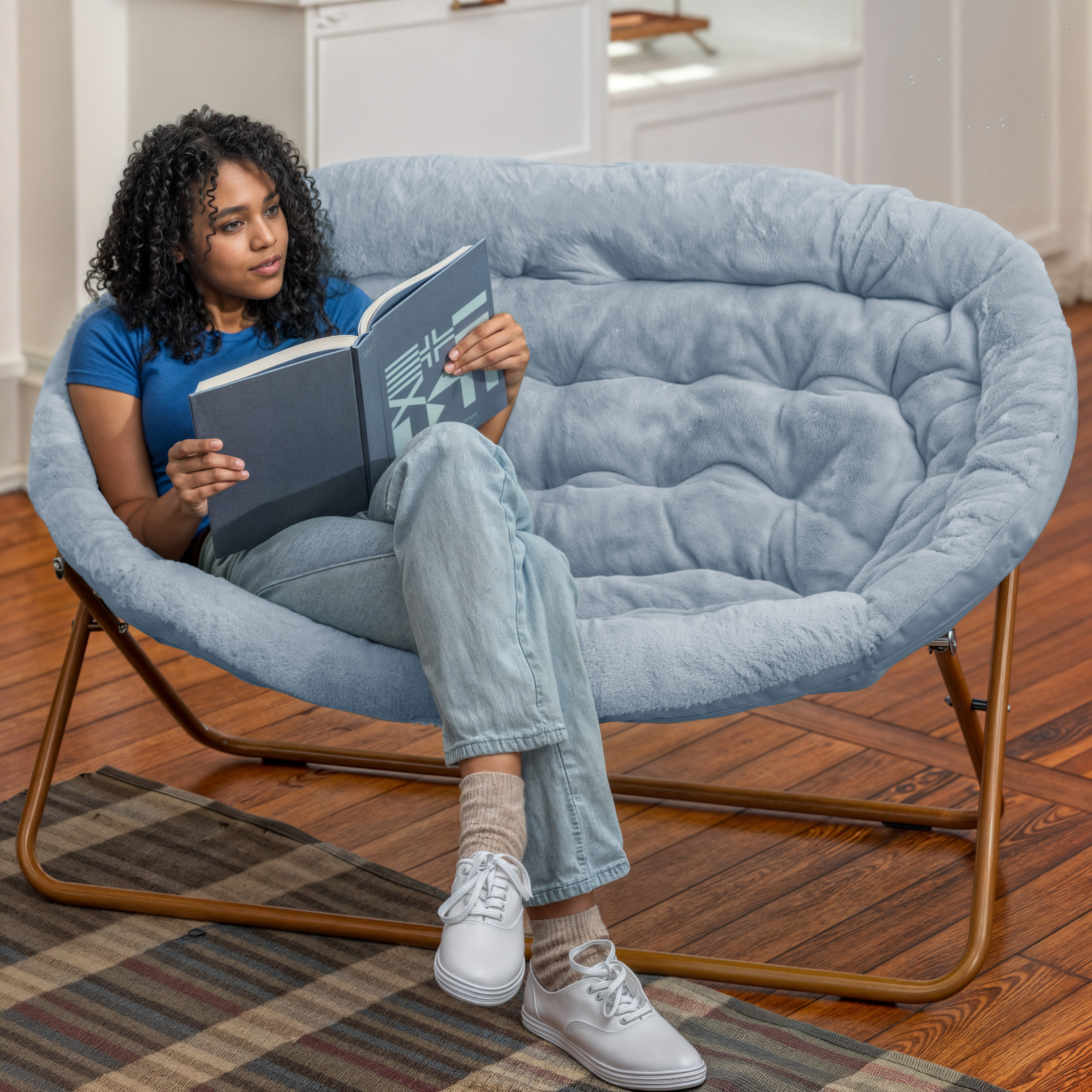 Janey Folding Double Saucer Chair in Gray Faux Fur with a Soft Gold Steel Fra... - Picture 30 of 47