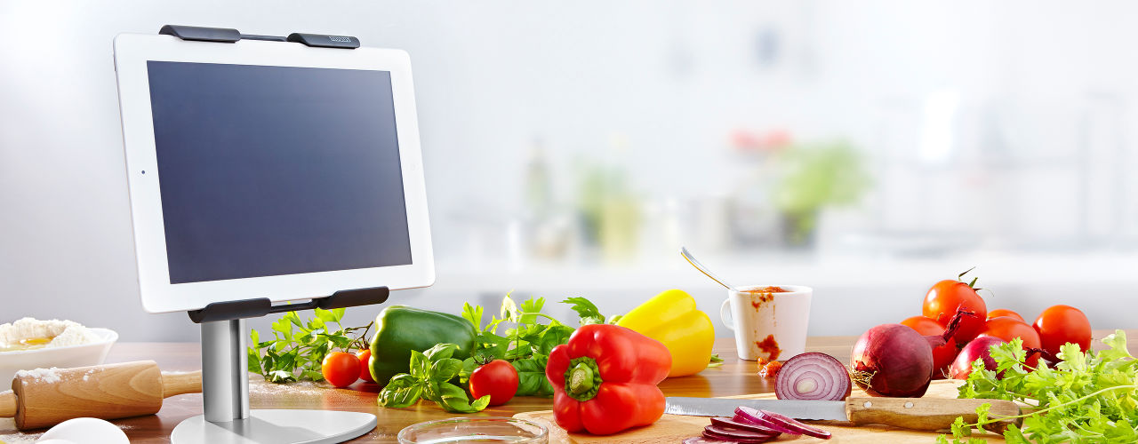 Novus offers a creative solution for displaying a tablet at the perfect viewing angle and keeping it within easy reach in the home or office.