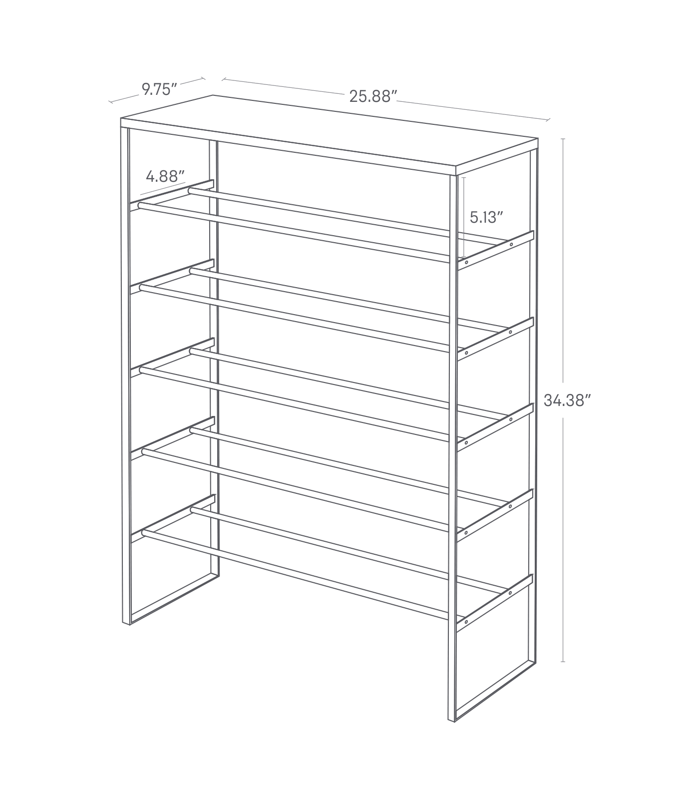 Image dimensionnelle pour le support à chaussures à six niveaux montrant une hauteur totale de 34,38 po, une longueur de 25,88 po et une largeur de 9,75 po. L