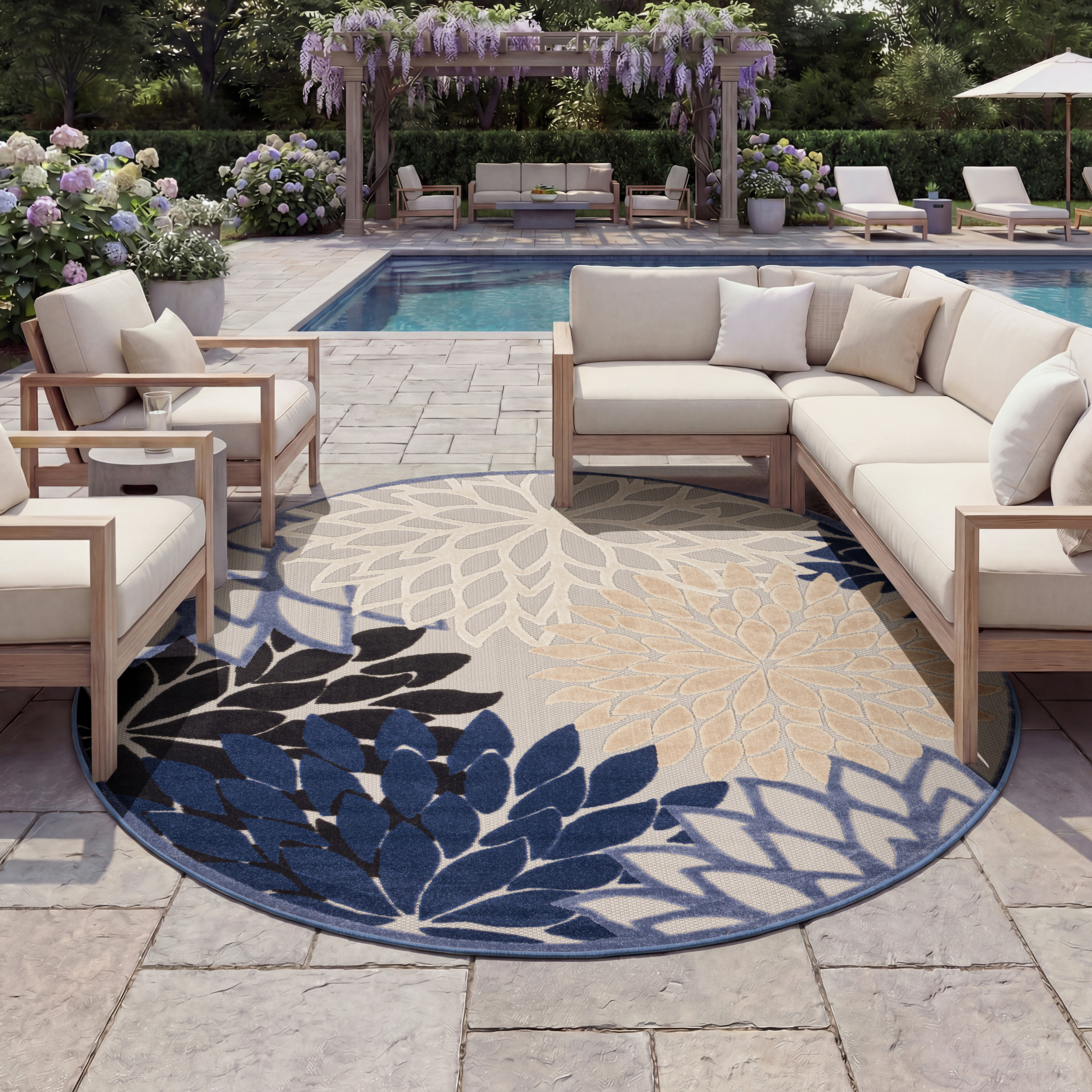 Nourison Aloha 7'10" x Round Blue Multicolor Tropical Rug