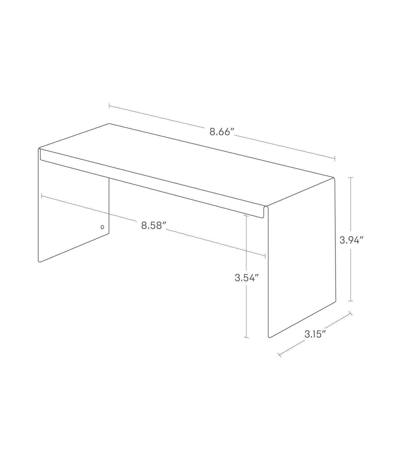 Dimension image for Medicine Cabinet Riser [Set of 2] showing dimensions: length 8.66", width 3.94", height 3.15", inner compartment width 8.58", inner compartment depth 3.54
