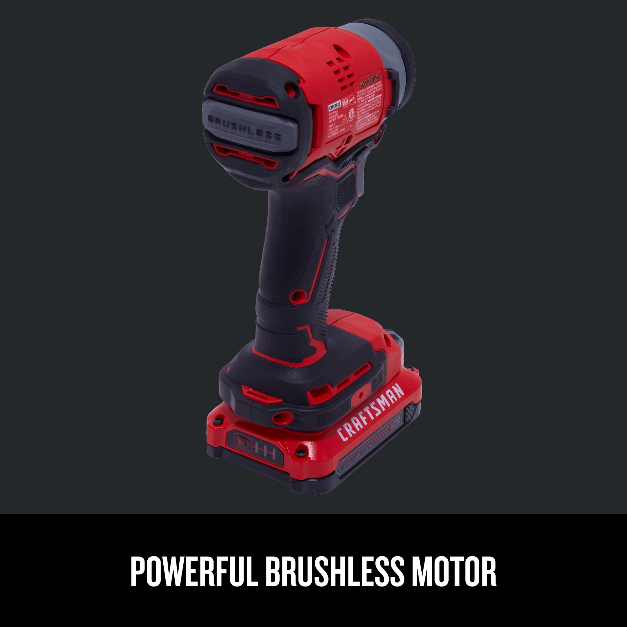 Front angled view of Craftsman 20V Max ¼ in. Brushless Cordless Impact Driver Kit showing powerful brushless motor.
