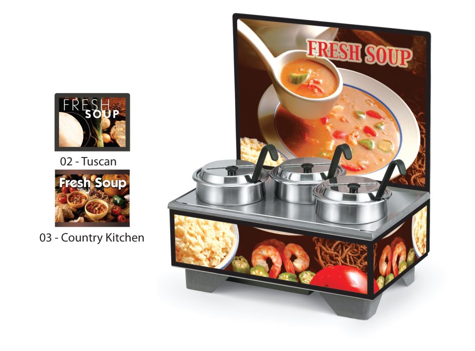 120-volt full-size soup merchandiser with 4-quart accessory kit, menu board and Country Kitchen graphics