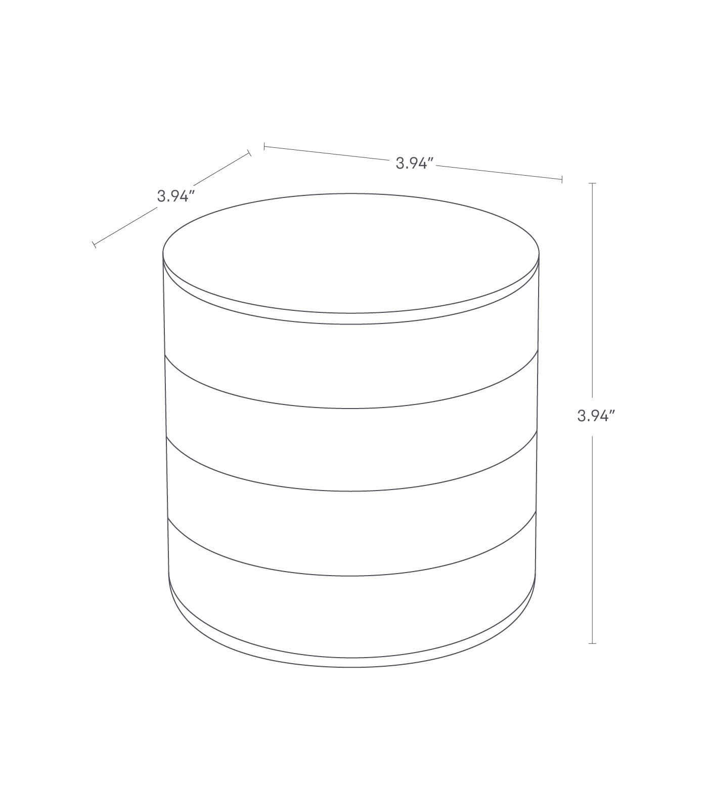 Detailed dimensions image of the stacked jewelry box, featuring the dimensions L 3.9 x W 3.9 x H 3.9 inches.