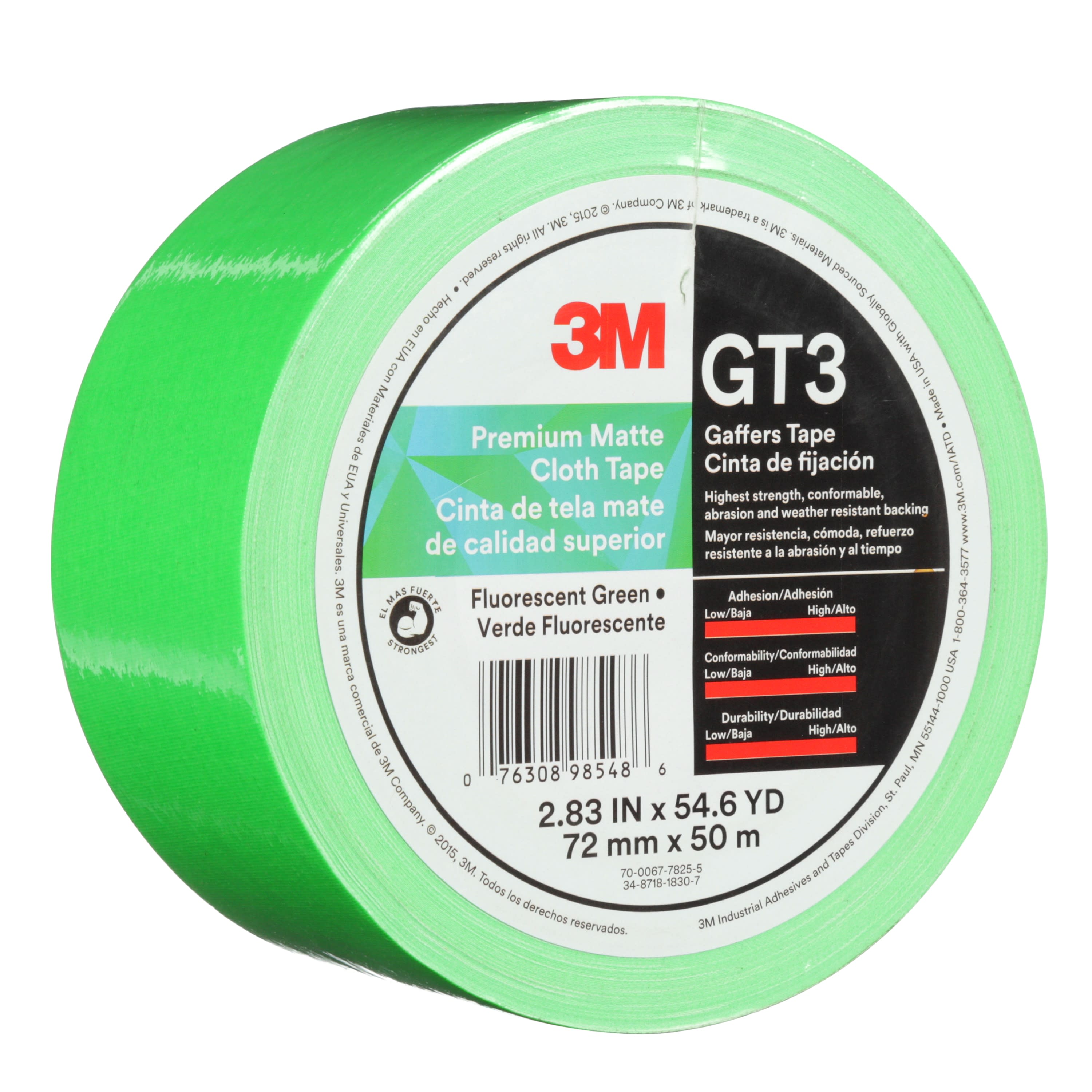 3M™ Premium Matte Cloth (Gaffers) Tape GT3, Fluorescent Green, 72 mm x
50 m, 11 mil, 16 per case