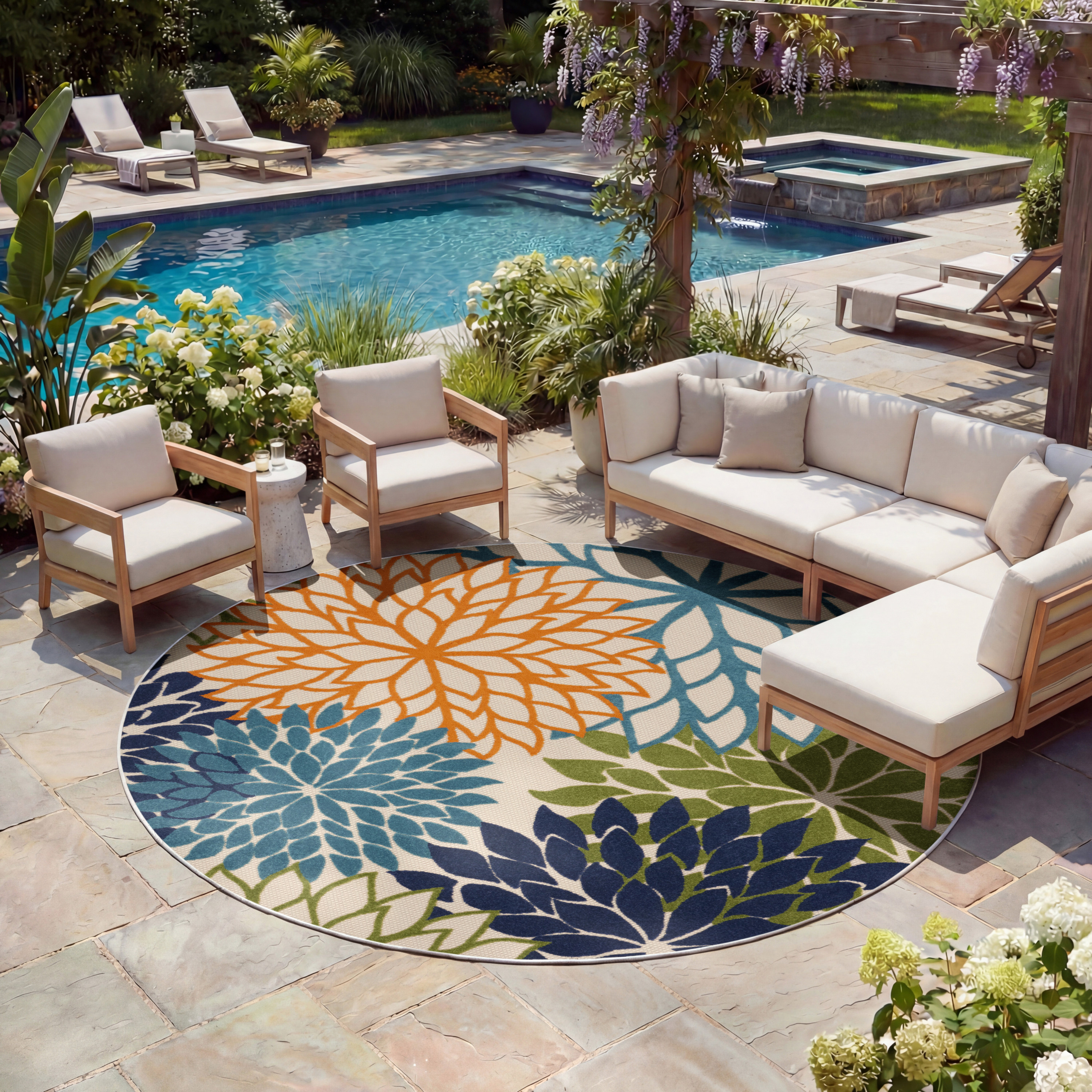Nourison Aloha 5'3" x Round Multicolor Tropical Rug