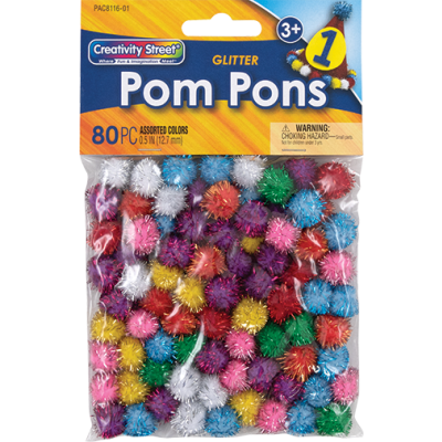 Creativity Street  Glitter Pom Pons, Assorted Colors,  1⁄2", 80 Pieces