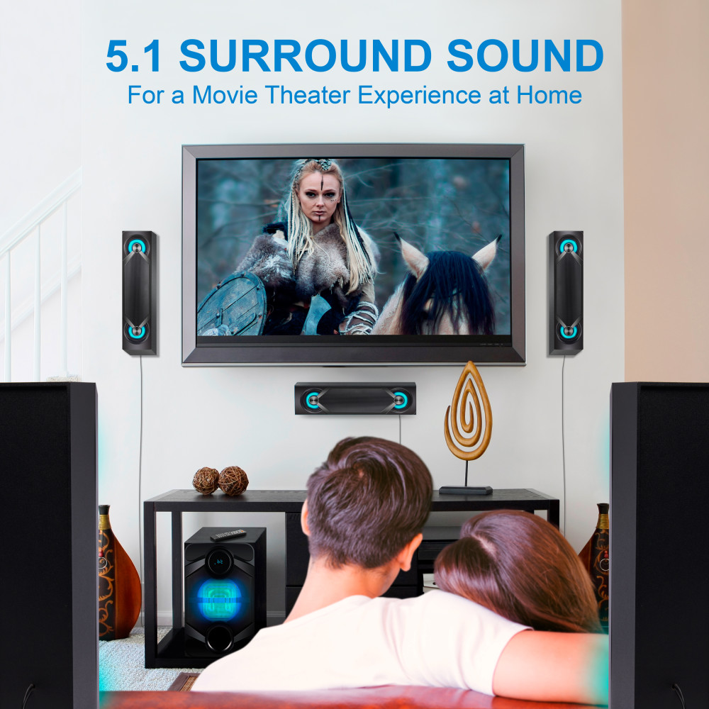 Nyne NHT5.1RGB 5.1 Channel Surround Sound Home Audio Theatre System – RGB Multi-Color Illumination, For TV, USB, SD, RCA Out In, 8 Inch Active Subwoofer, 6 Inch Passive Radiator, Soundbar - image 2 of 14
