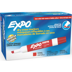 Low-Odor Dry Erase Markers, Chisel Tip, Red, Box of 12