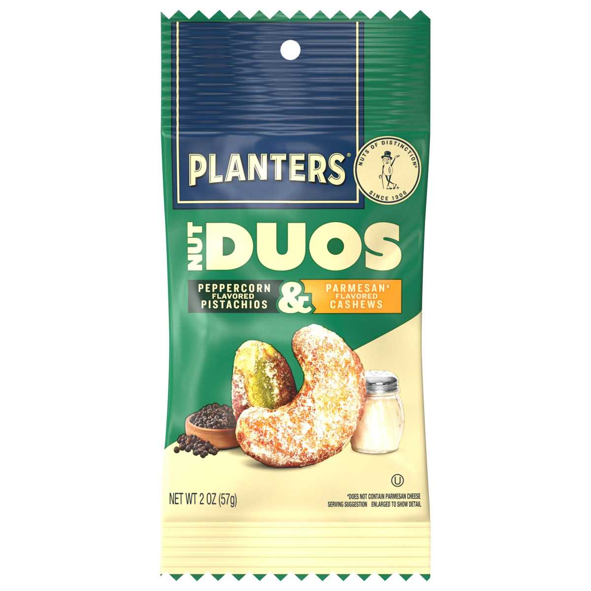 PLANTERS(r) Nut Duos Peppercorn Pistachios and Parmesan Cashews, 6-10 Piece . C1CB - Front Center Inner Pack (Hi Res)