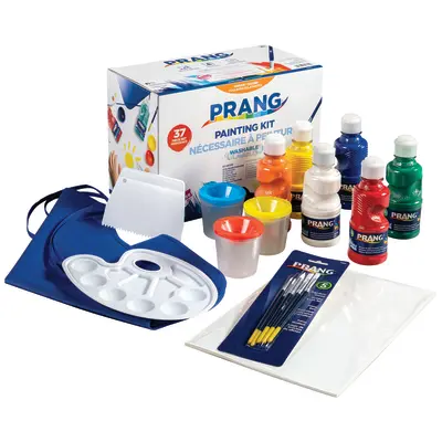 Prang Washable Tempera Paint Kit for Kids, 37 Pc. Set Includes 6 Paints, 5 Brushes, 3 Paint Cups, 1 Mixing Palette, 1 Scraper, 20 Watercolor Sheets, and Smock for Students, Artists, and Beginners 