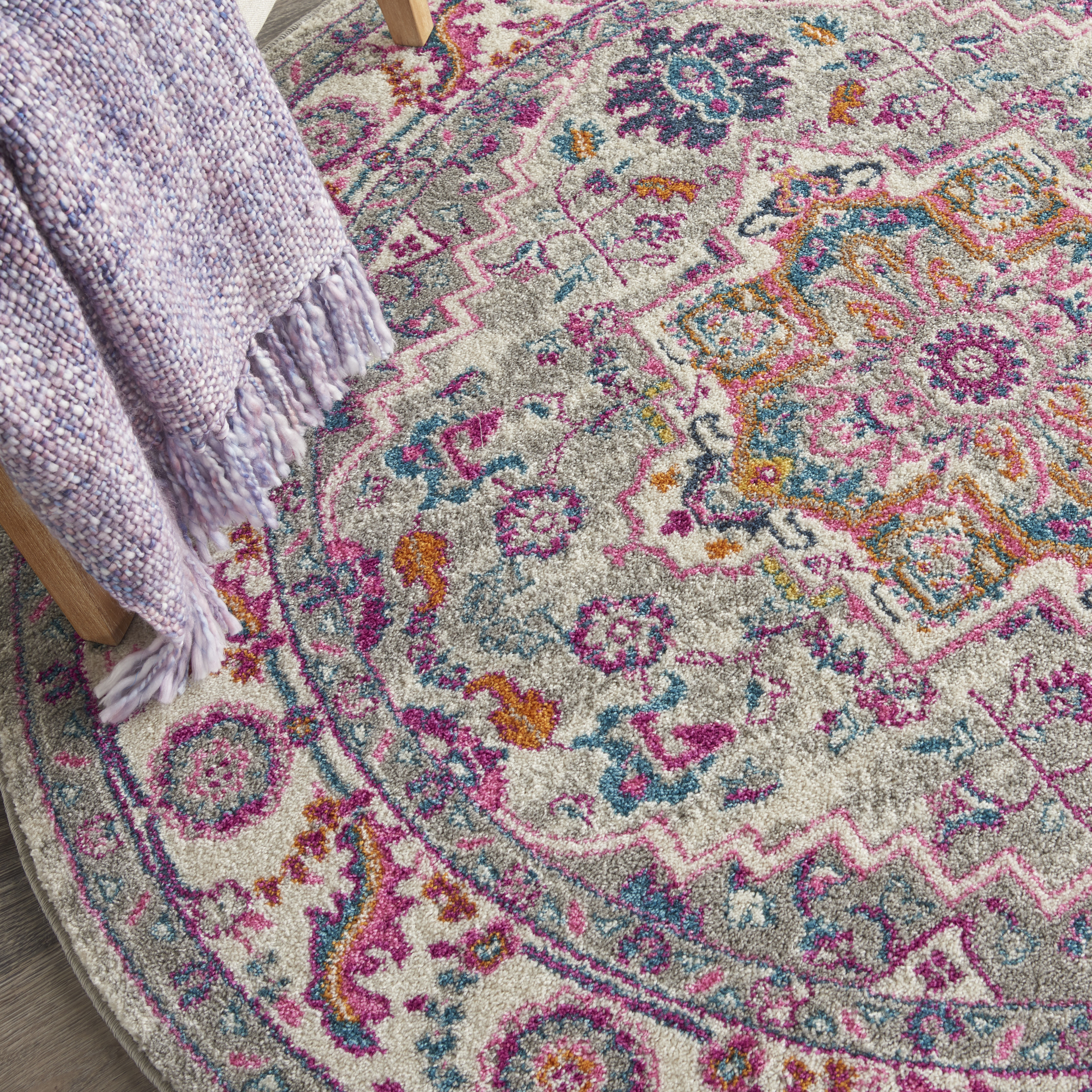 Nourison Passion 5' x Round Light Grey Pink Bohemian Indoor Rug