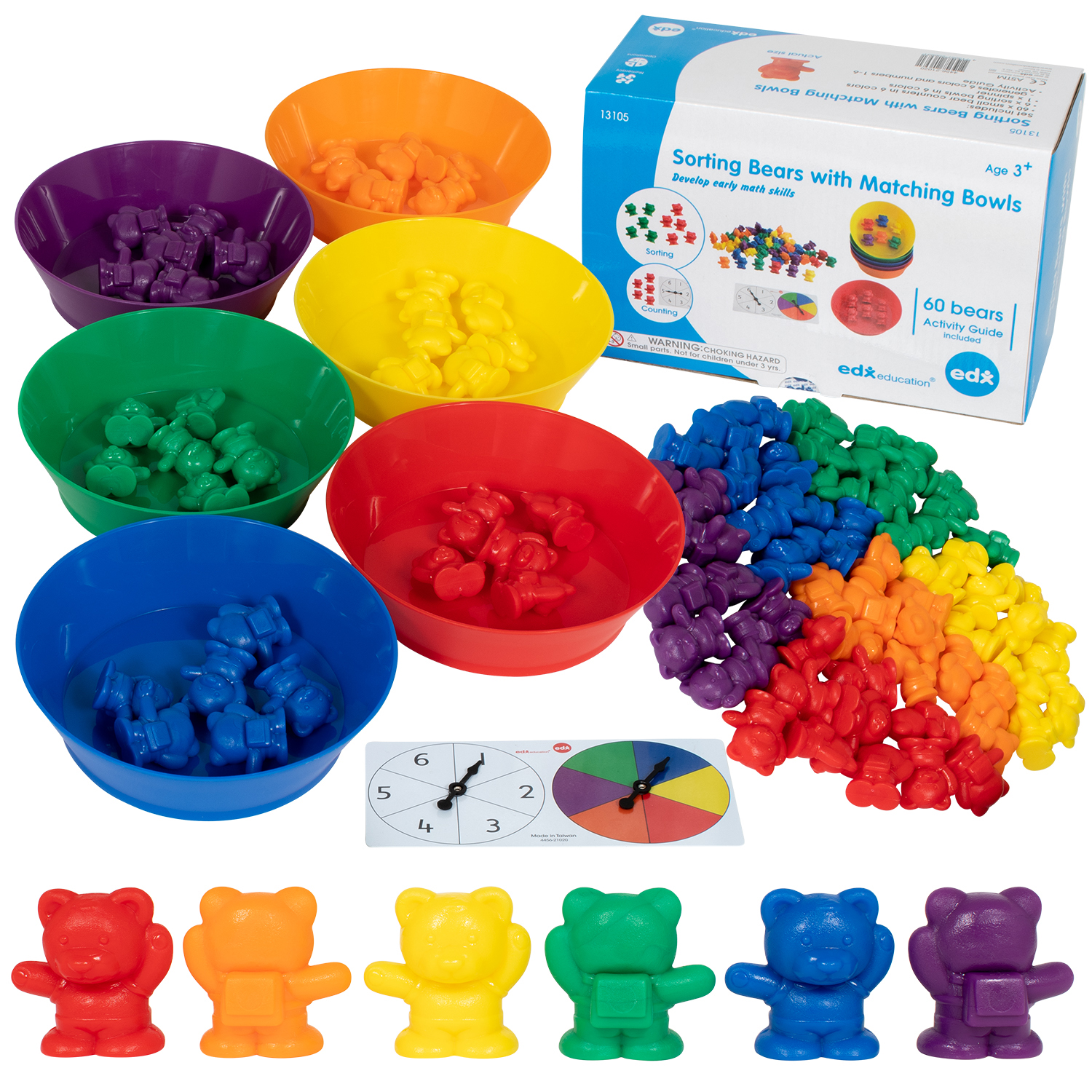 edxeducation Counting Bears with Matching Bowls - 68pc Set - 60 Bear Counters, 6 Bowls & 2 Game Spinners