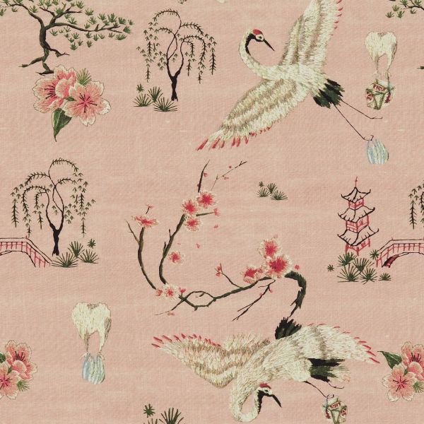 Embroidered silk fabric patterned with cranes, willow trees, pagodas, and cherry blossoms; cranes mid‑flight scattering petals; pale pink background suggesting a delicate, Asian‑inspired textile.