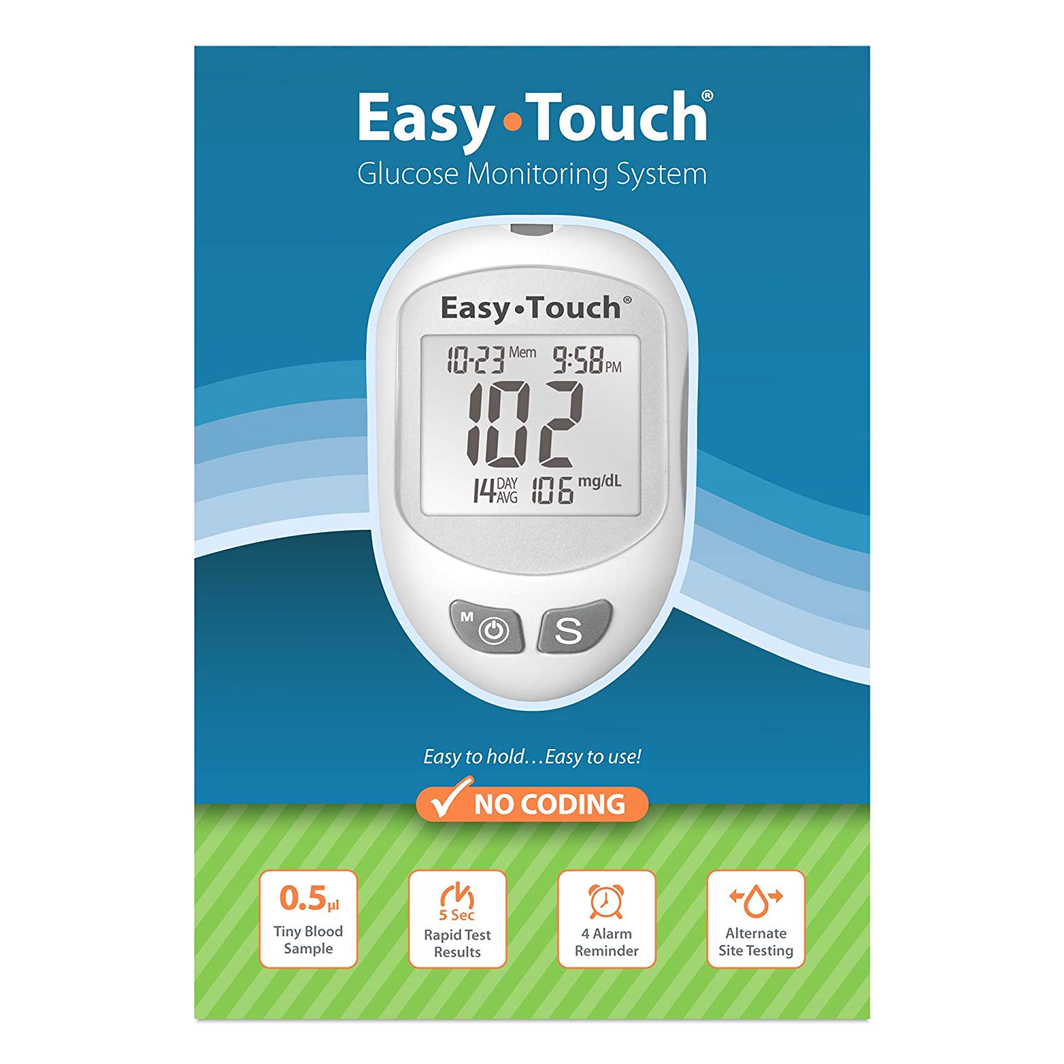 Blood Glucose Meter Easy Touch® 5 Second Results Stores up to 300 Result No Coding Required
