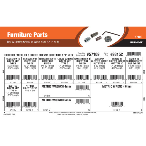 Furniture Parts Assortment (Hex & Slotted Screw-In Insert Nuts and T-Nuts)