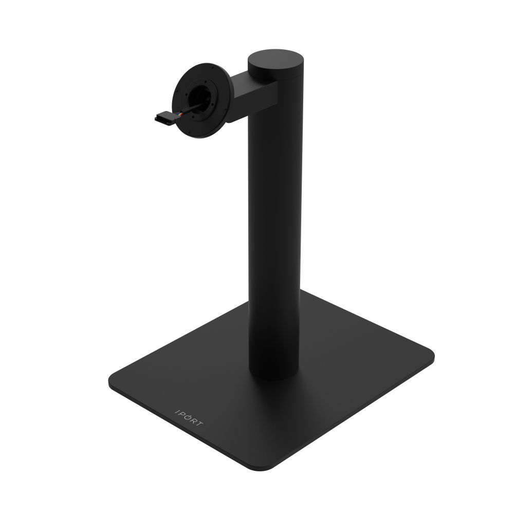 CONNECT MOUNT Pillar Single iPads on a Baseplate in black fifteen inches high with a CONNECT MOUNT head and Hirose H10 Connection.